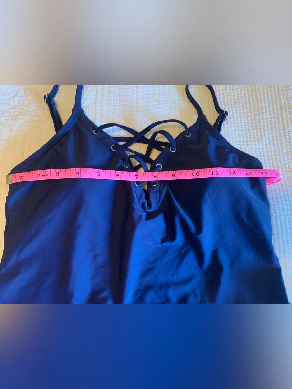 Nautica navy blue Lattice-Detail One-Piece Swim Dress